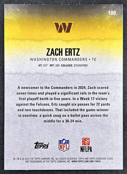 Zach Ertz 2025 Topps Signature Class Veteran Green & Purple Foil Commanders back sports trading card