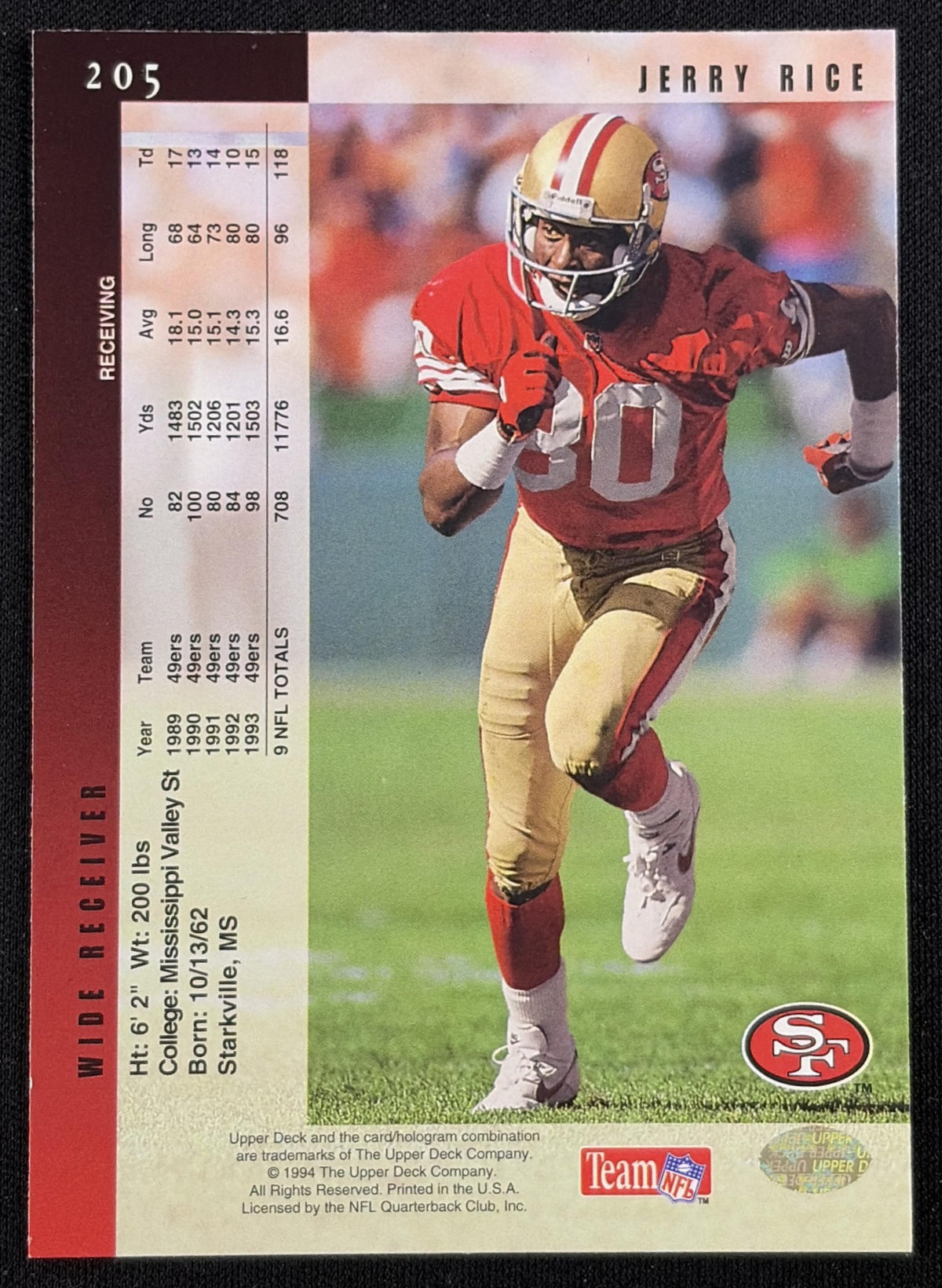 Jerry Rice 1994 Upper Deck Electric Gold 49ers Sports Trading Card