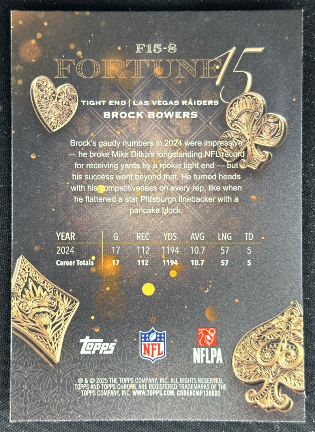 Brock Bowers 2025 Topps Chrome Fortune 15 Raiders Sports Trading Cards