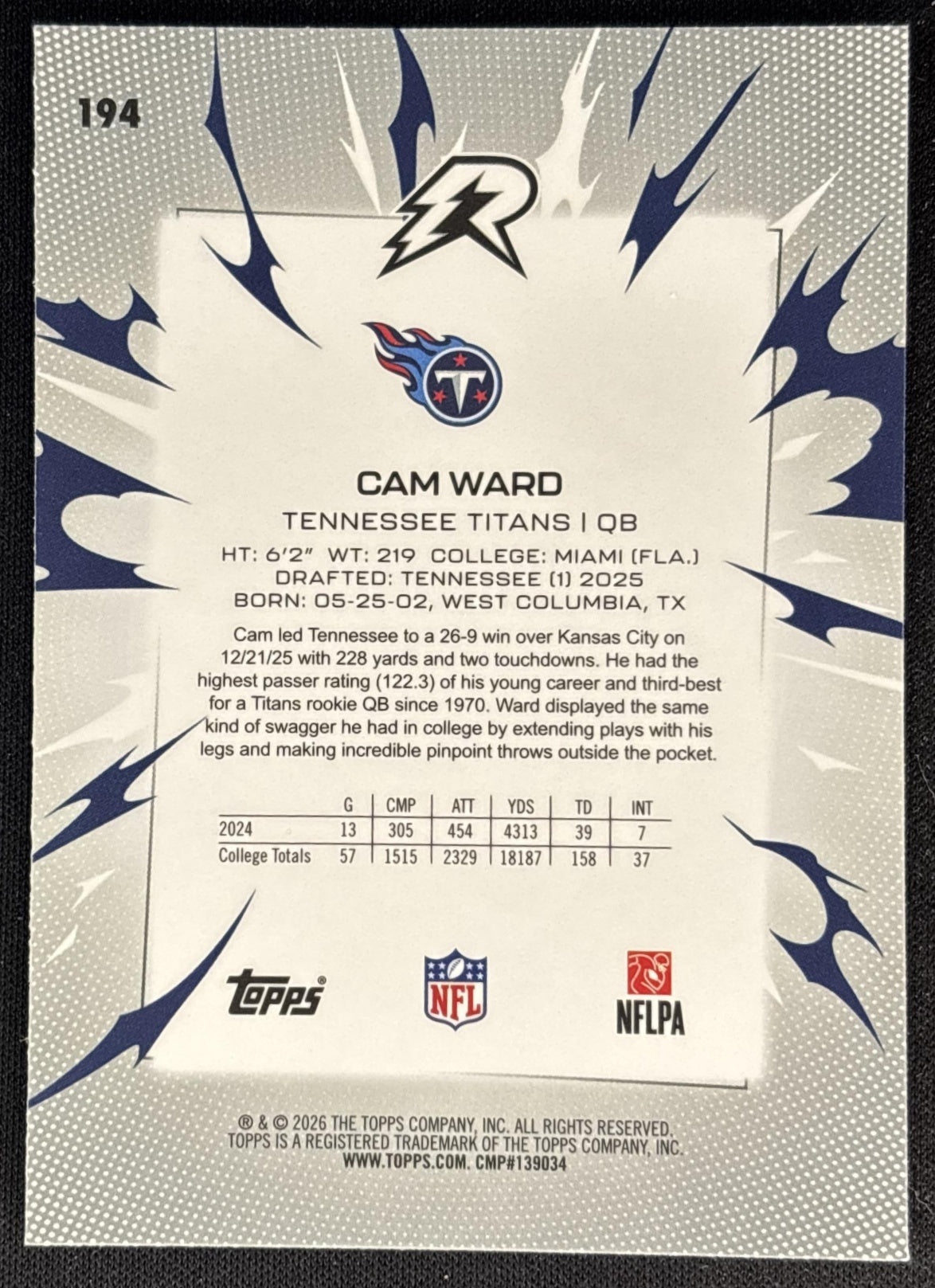 Cam Ward 2025 Topps Resurgence Titans