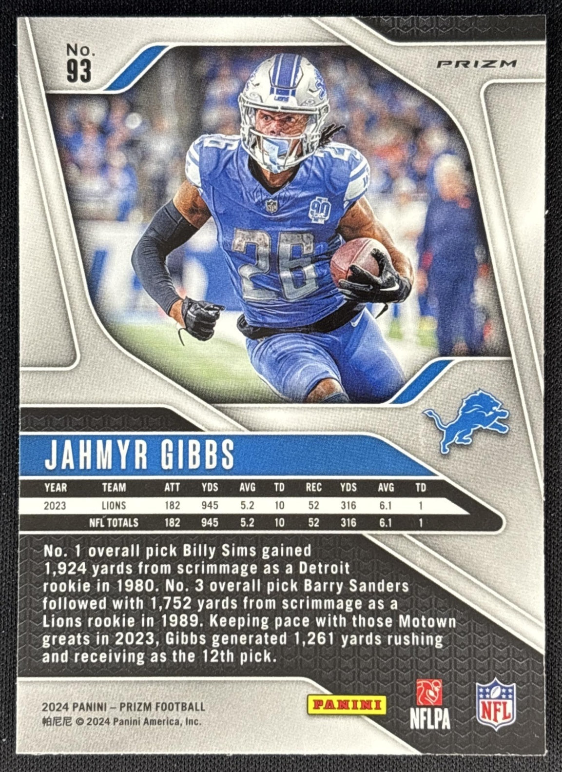 Jahmyr Gibbs 2024 Panini Prizm Lazer Lions back