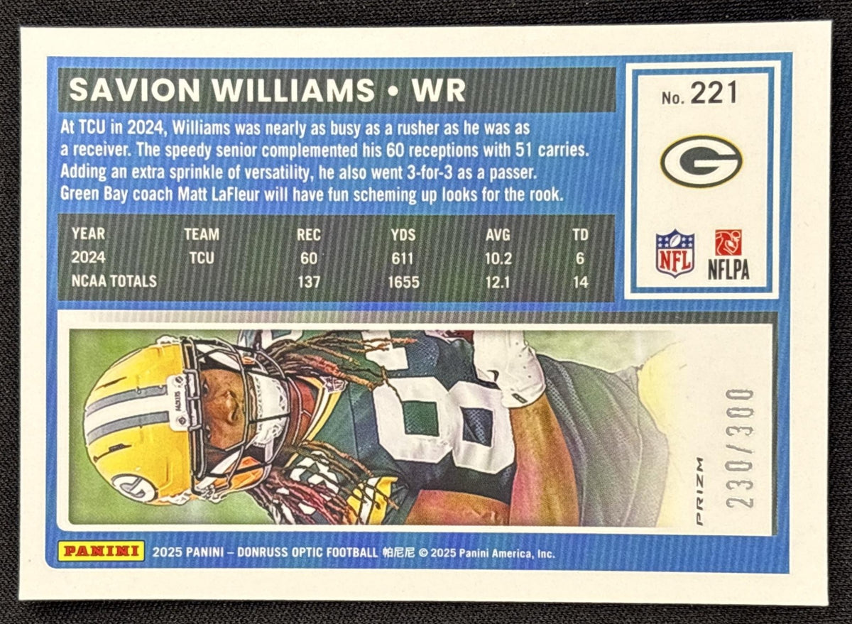Savion Williams 2025 Panini Donruss Optic Rated Rookie Wave Prizm /300 Packers