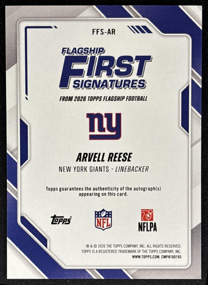 Arvell Reese 2026 Topps First Signatures Giants - back
