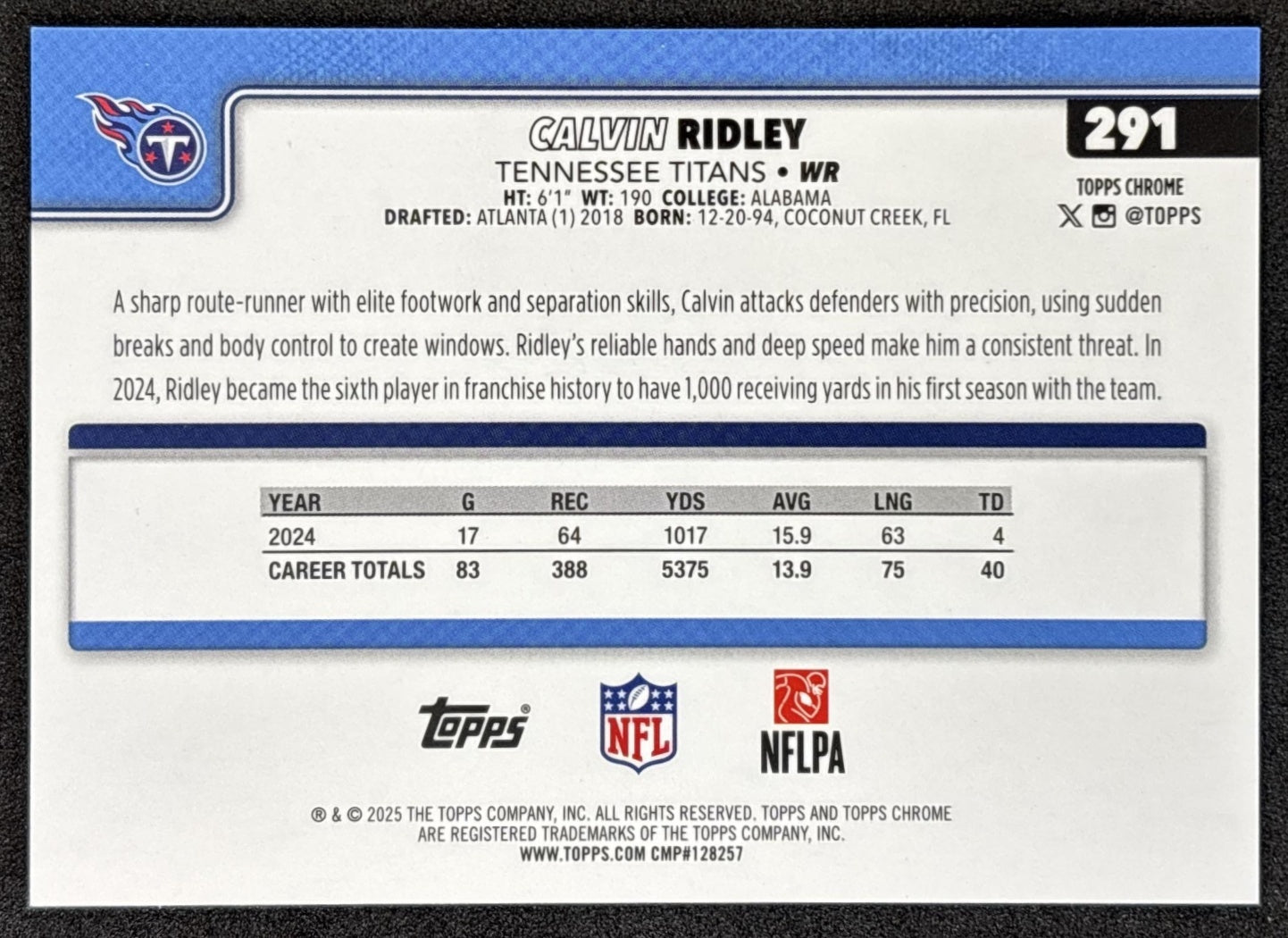 Calvin Ridley 2025 Topps Chrome Football Leather Orange Refractor /25 Titans