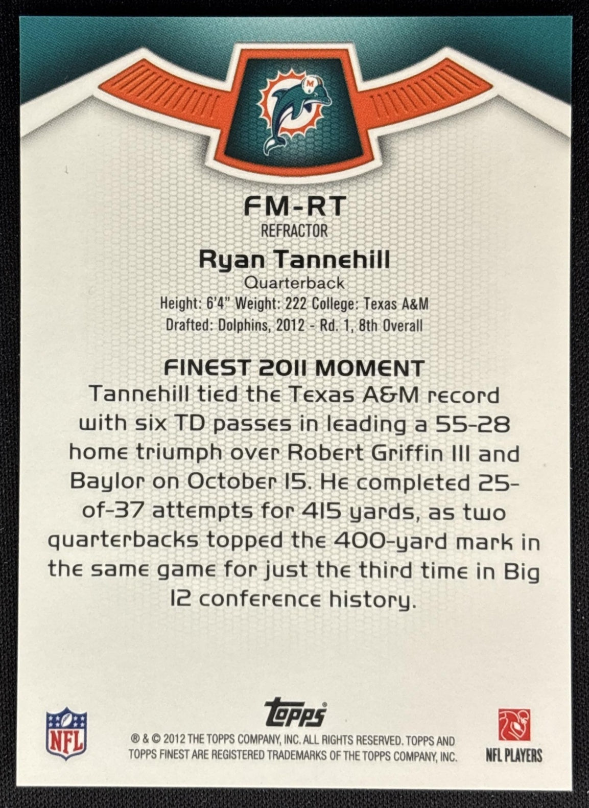 Ryan Tannehill 2012 Topps Finest Moments Refractor Dolphins Sports Trading Cards