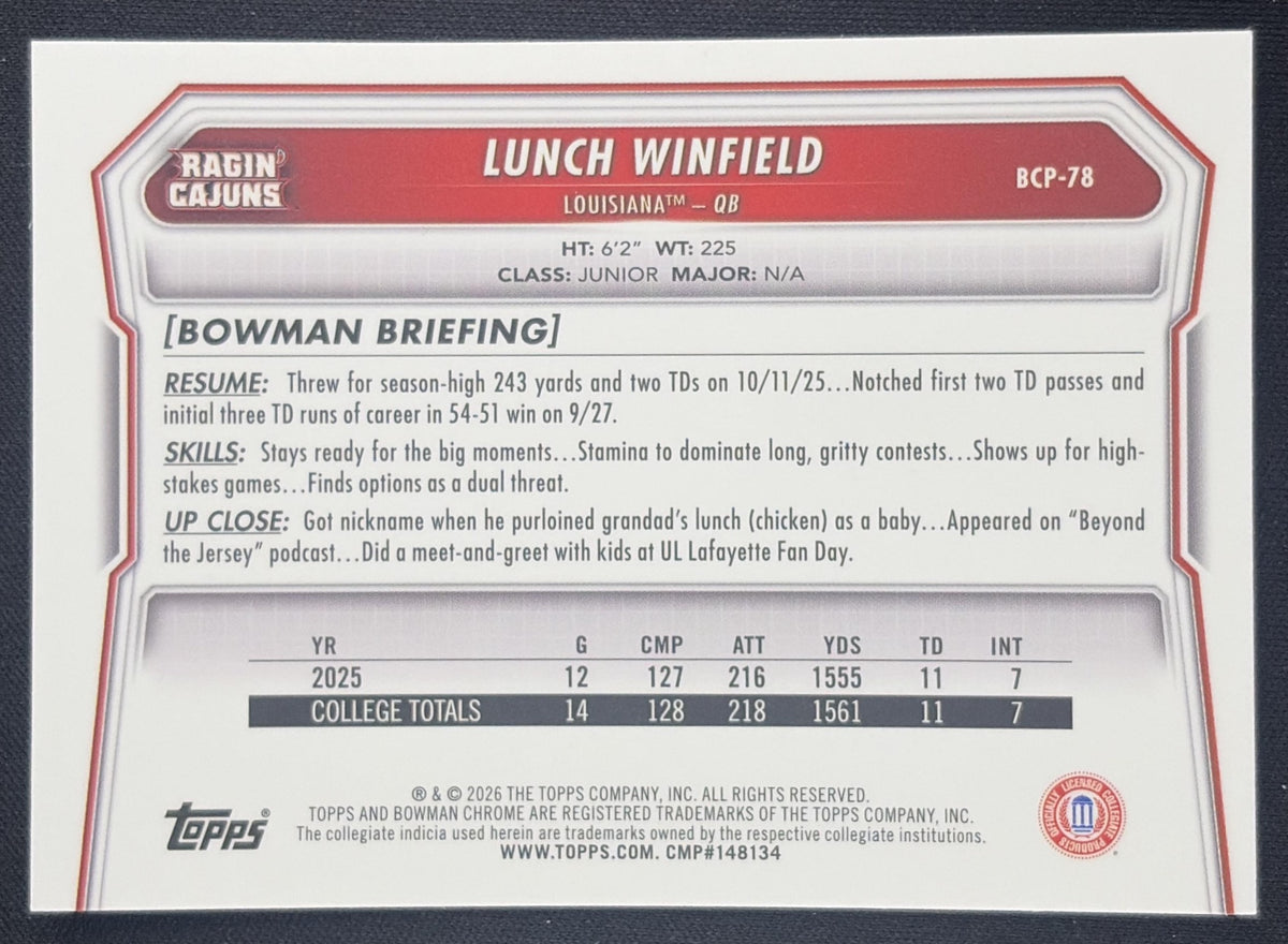 Lunch Winfield 2026 Bowman Chrome Prospects Blue Mojo Refractor /150 Ragin' Cajuns Sports Trading Card