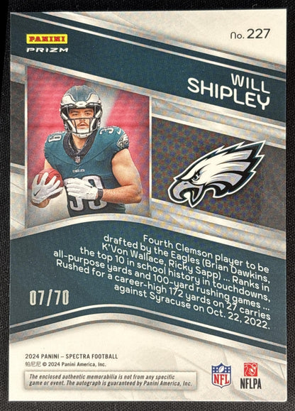 Will Shipley 2024 Panini Spectra Rookie Patch Auto Supernova /70 Eagles back