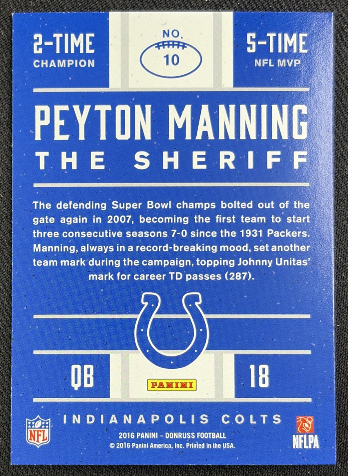 Peyton Manning 2016 Panini Donruss The Sheriff Tribute Red Foil Broncos 10 back