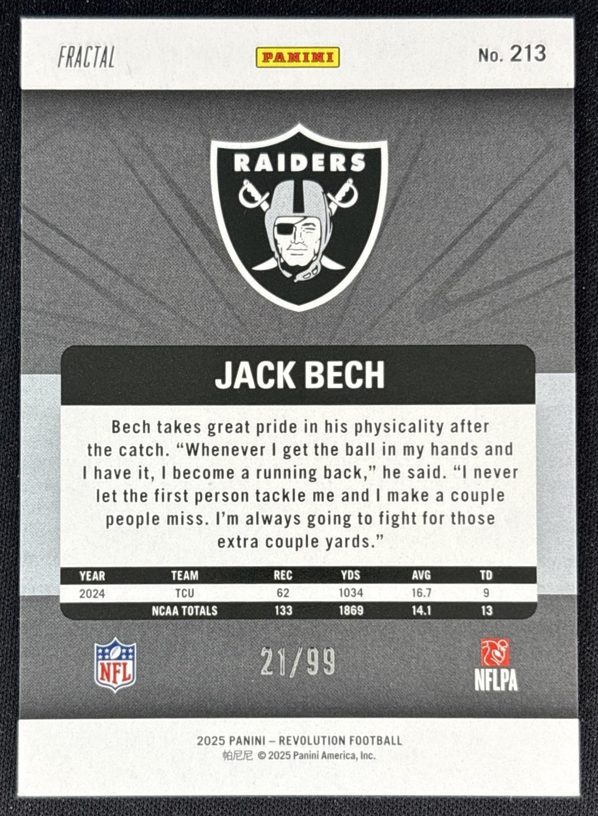 Jack Bech 2025 Panini Revolution Rookies Fractal /99 Raiders back