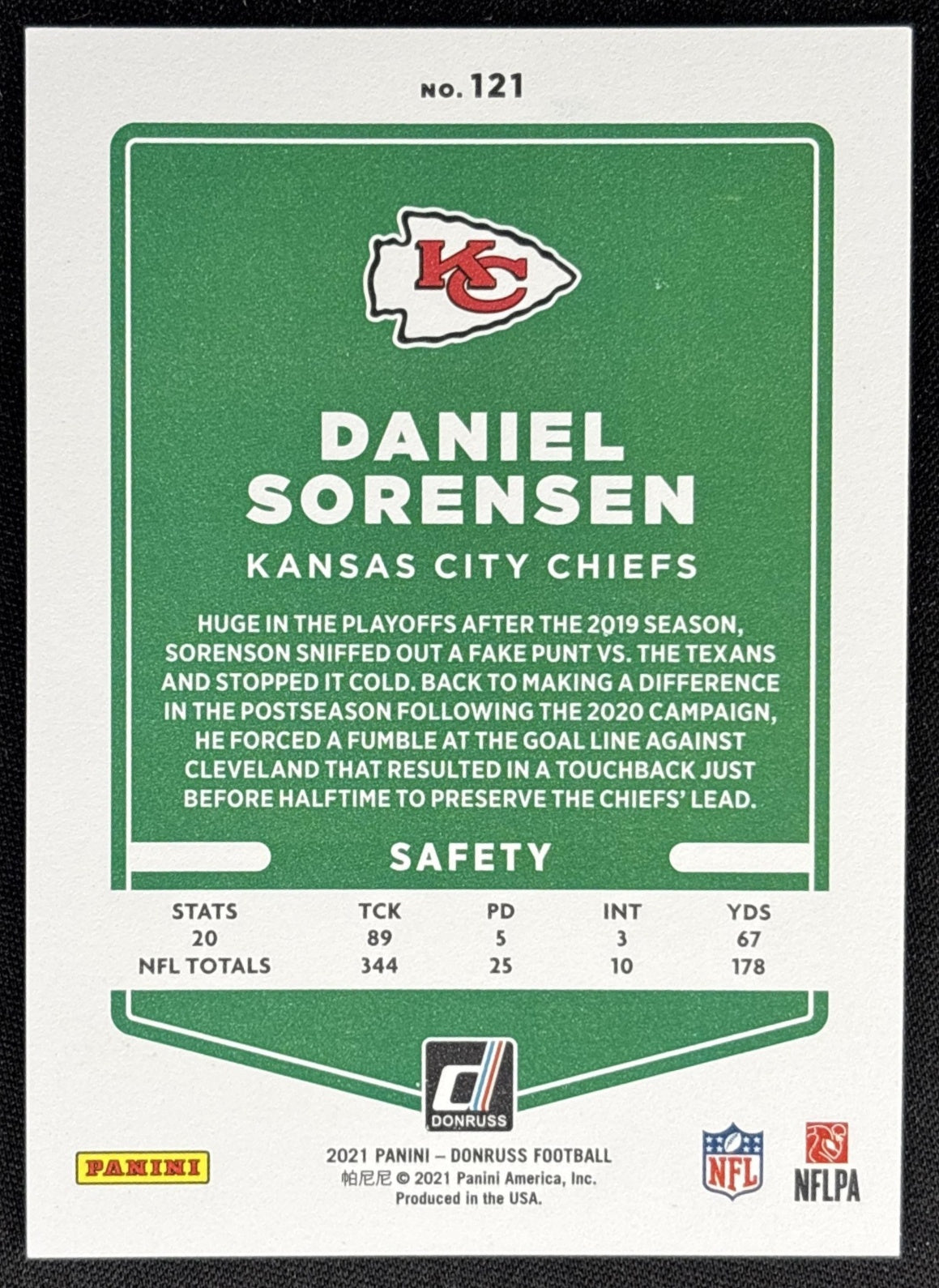 Daniel Sorensen 2021 Panini Donruss Press Proof Premium Chiefs Sports Trading Card