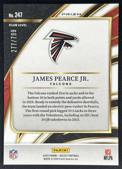 James Pearce Jr. 2025 Panini Select Club Level White Prizm Shock /799 Falcons back