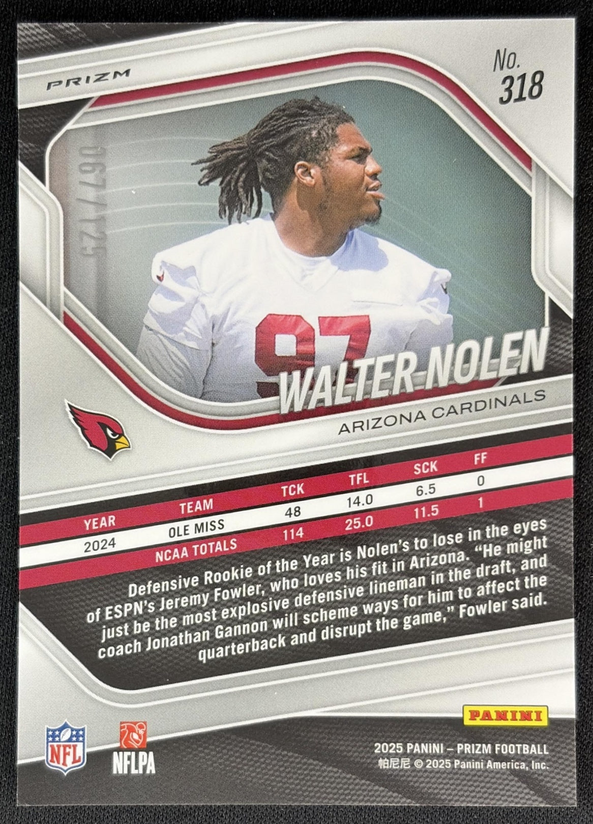 Walter Nolen 2025 Panini Prizm No Huddle Blue /125 Cardinals Back