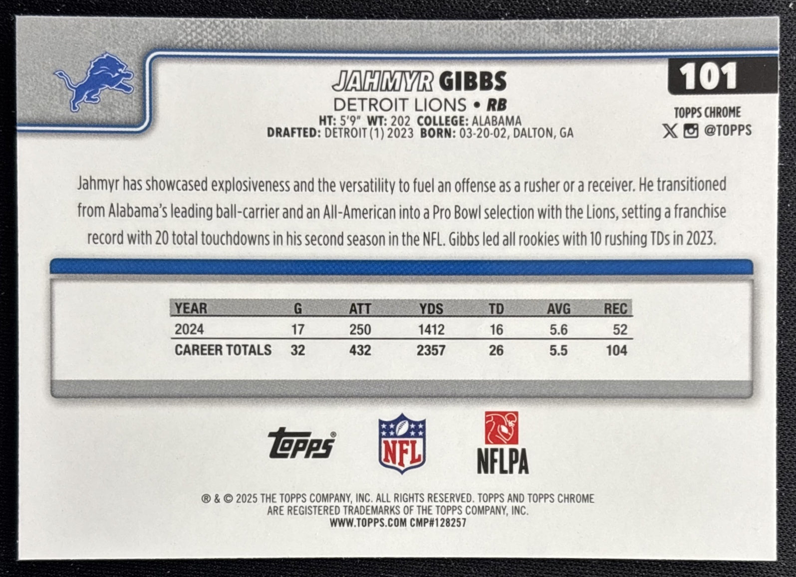 Jahmyr Gibbs 2025 Topps Chrome Lions Sports Trading Cards