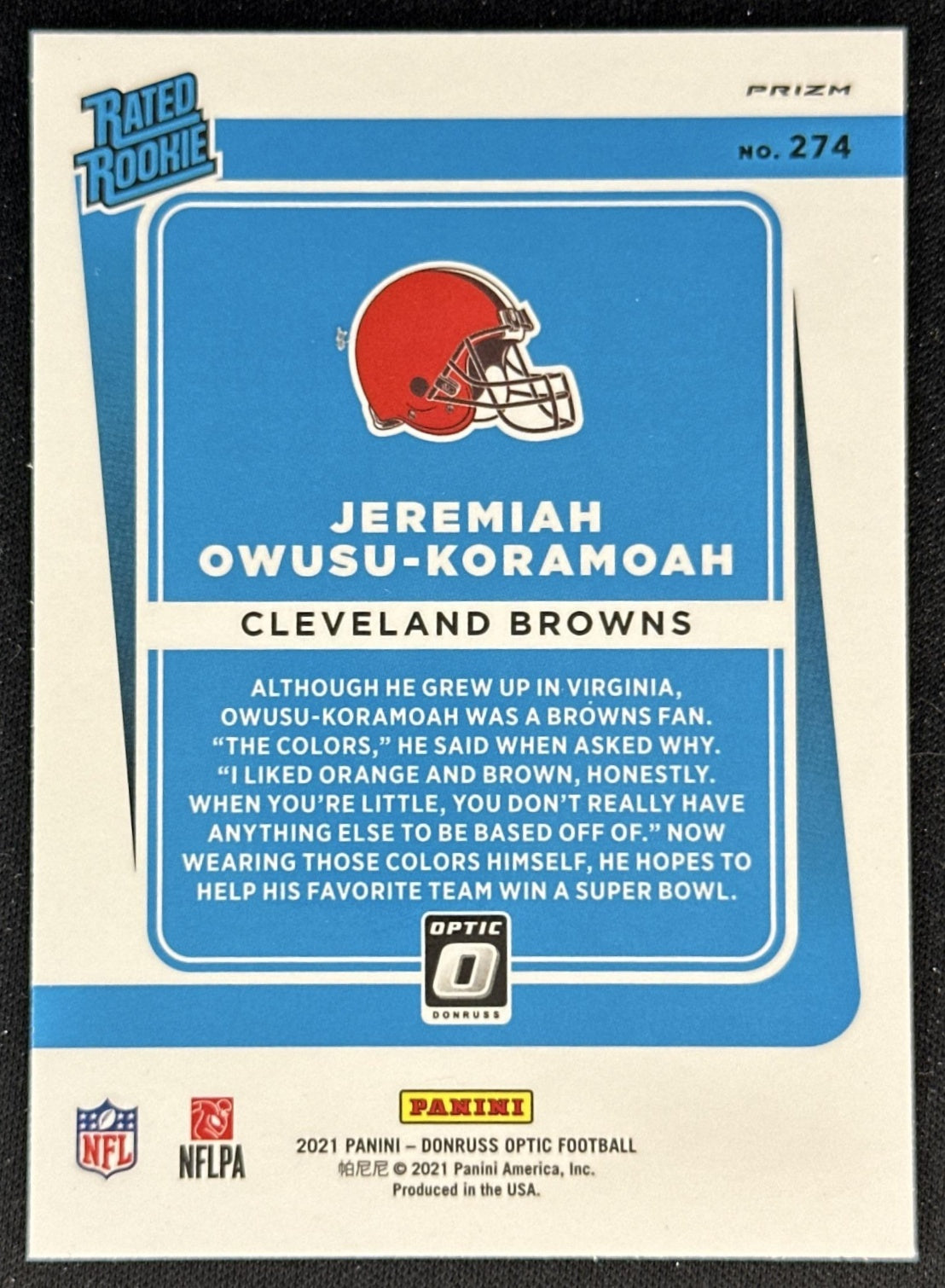 Jeremiah Owusu-Koramoah 2021 Panini Donruss Optic Bronze Browns back