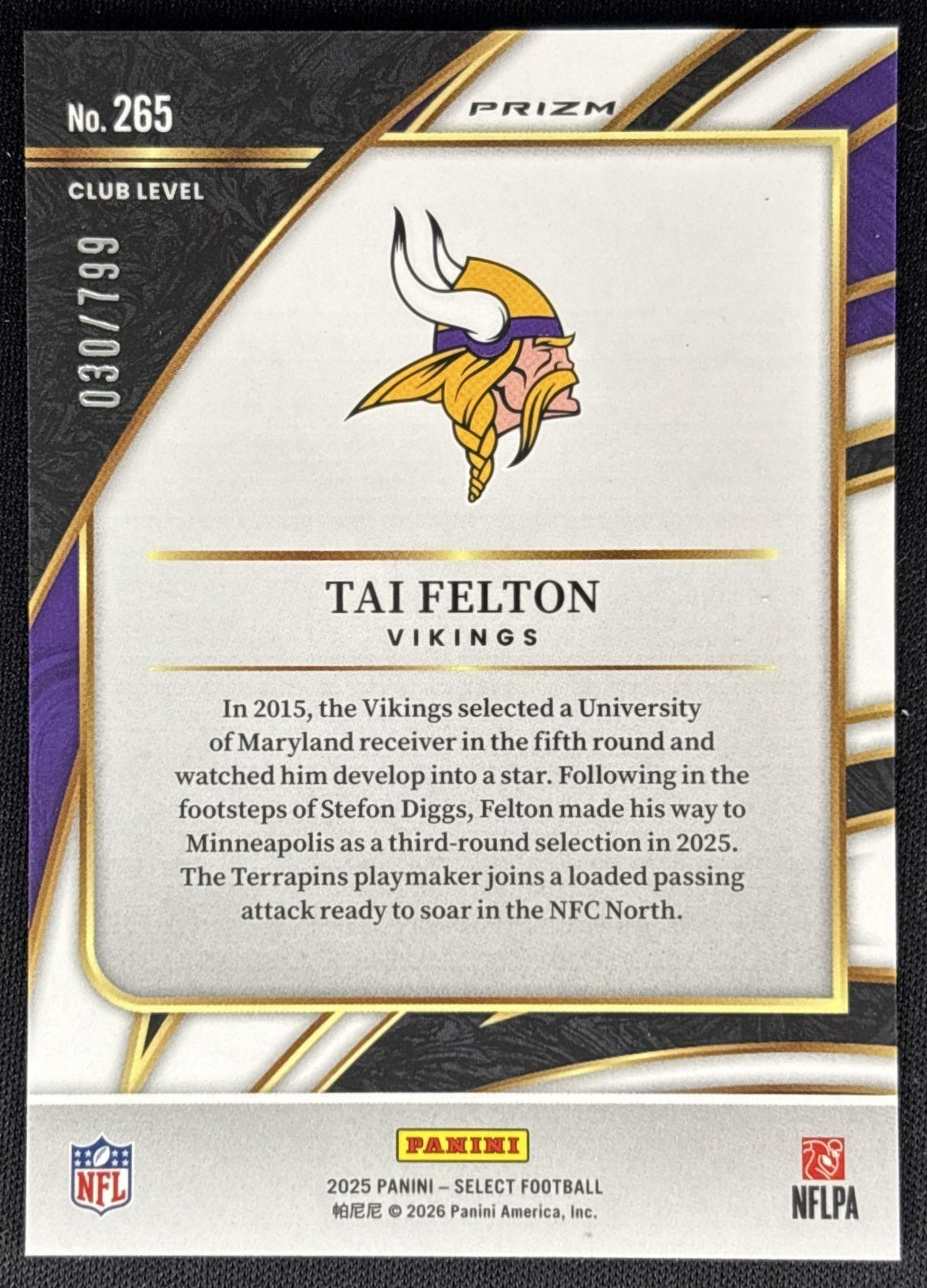 Tai Felton 2025 Panini Select Club Level White Prizm Shock /799 Vikings Sports Trading Cards