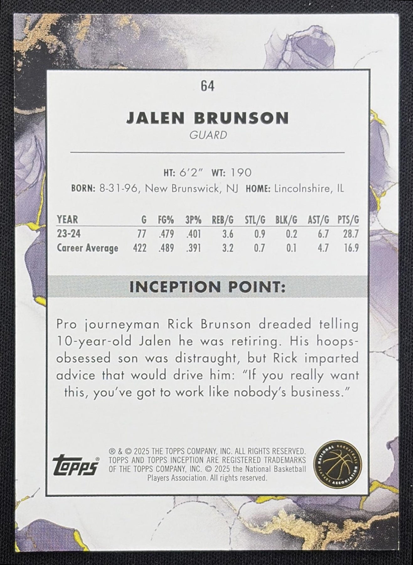 Jalen Brunson 2024 Topps Inception Purple /150 Knicks