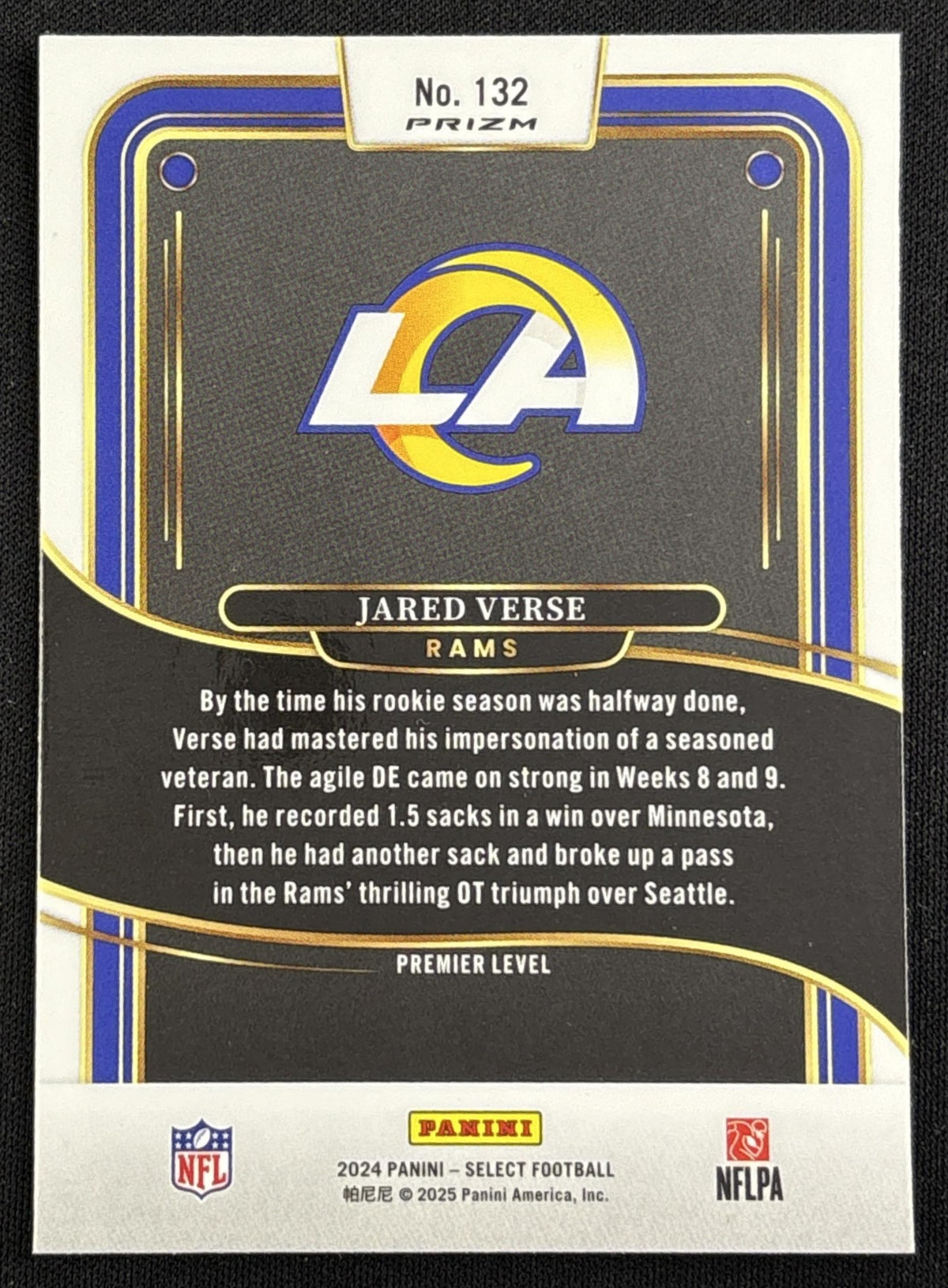 Jared Verse 2024 Panini Select Premier Red and Yellow Prizm Shock Rams - back