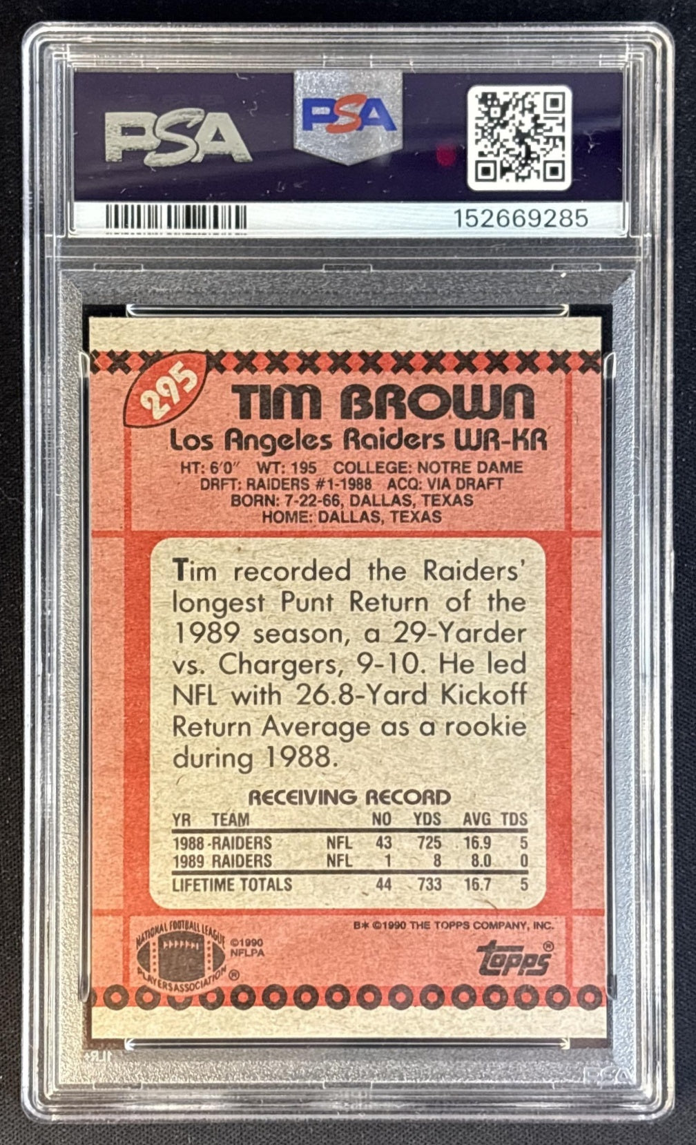 Tim Brown 1990 Topps PSA 9 Raiders Football Cards