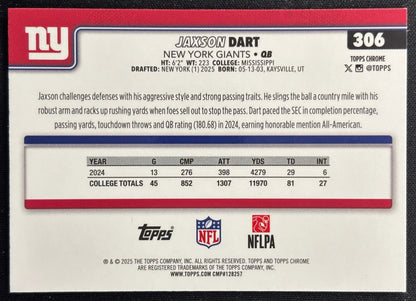 Jaxson Dart 2025 Topps Chrome Rookie Giants Sports Trading Cards