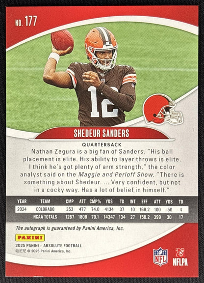 Shedeur Sanders 2025 Panini Absolute Signature Rookies Browns Sports Trading Card