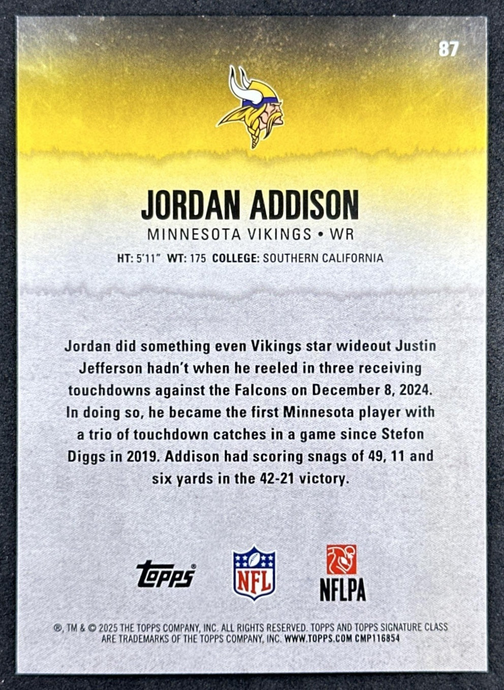 Jordan Addison 2025 Topps Signature Class Veteran Blue & Yellow Foil Vikings back sports trading card