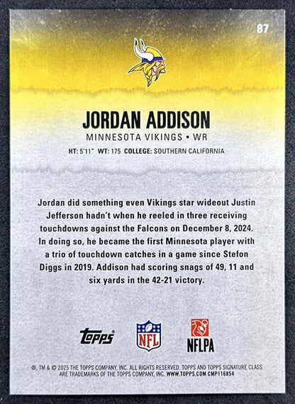 Jordan Addison 2025 Topps Signature Class Veteran Blue & Yellow Foil Vikings back sports trading card