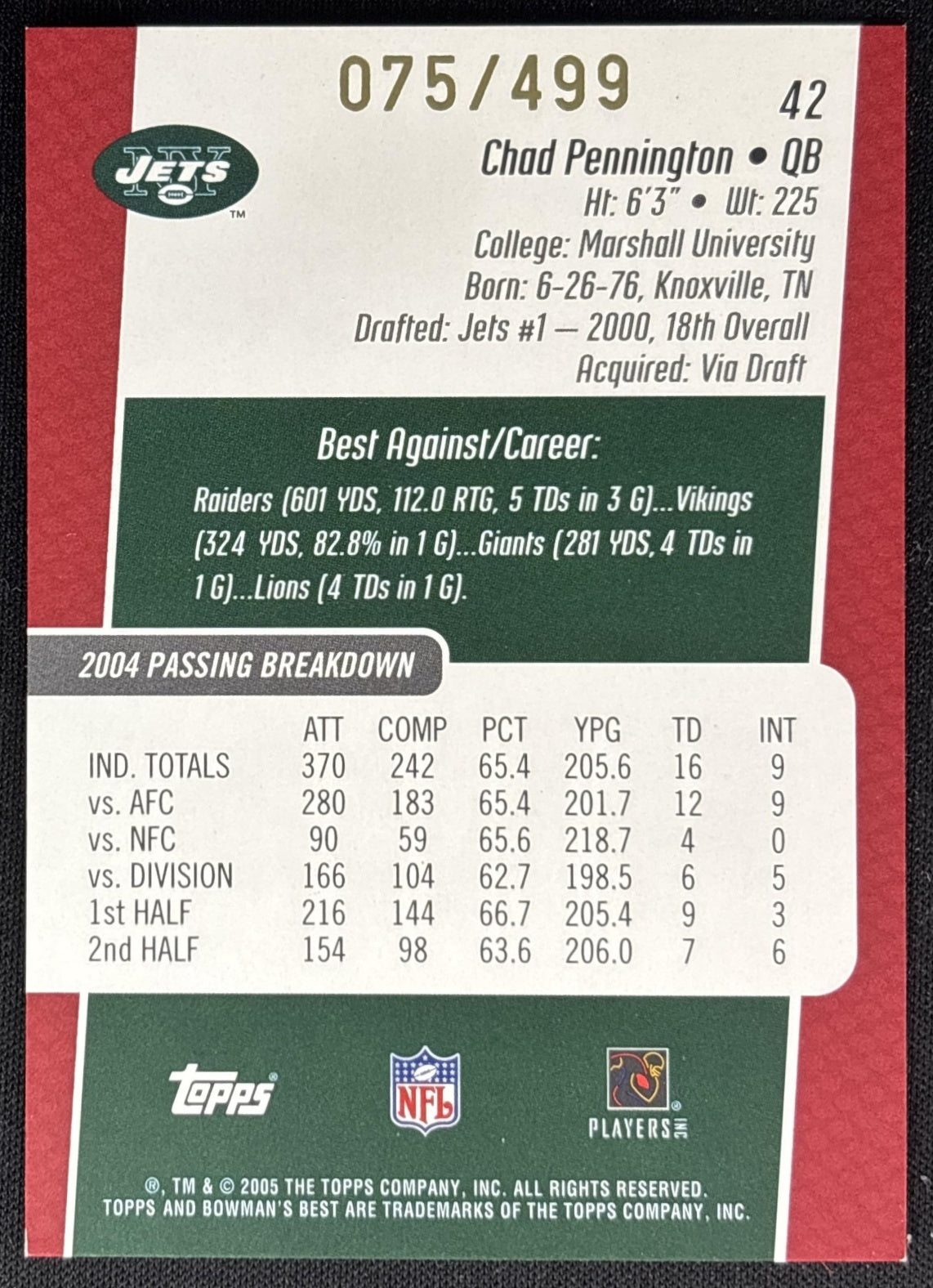 Chad Pennington 2005 Bowman's Best Red /499 Jets Sports Trading Cards