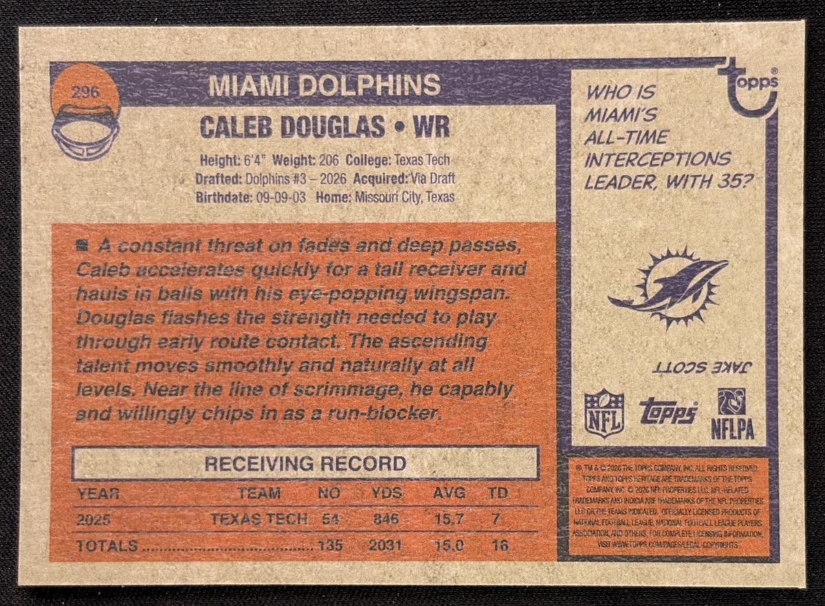 Caleb Douglas 2026 Topps Heritage Chrome Pink Sparkle Dolphins