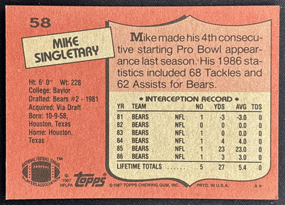 Mike Singletary 1987 Topps Bears - Back