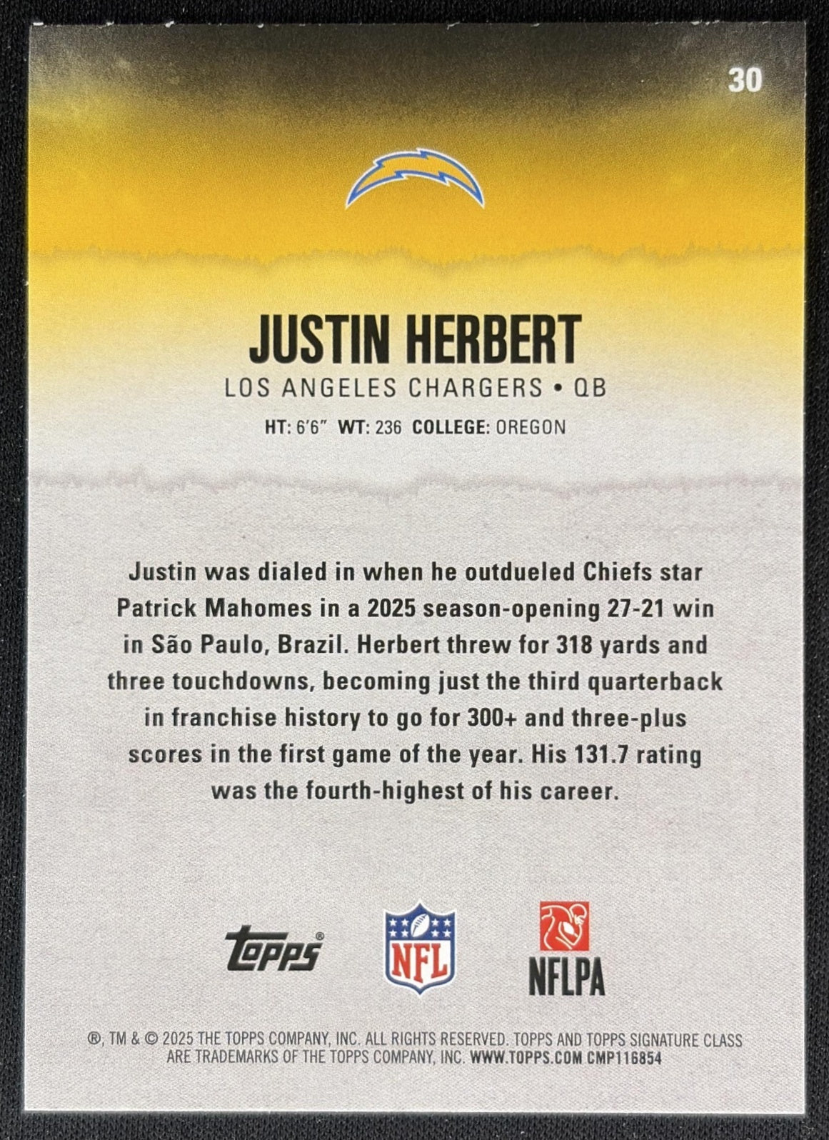 Justin Herbert 2025 Topps Signature Class Veteran Blue & Yellow Foil Chargers back
