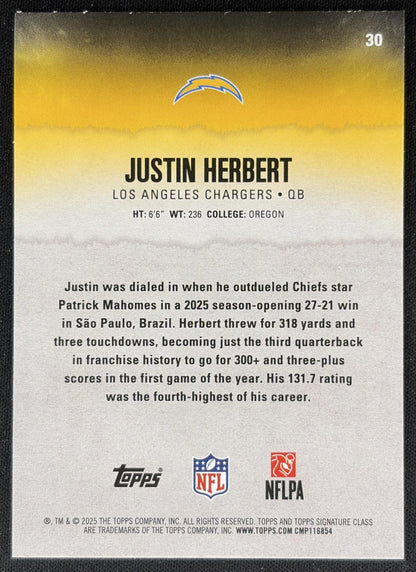 Justin Herbert 2025 Topps Signature Class Veteran Blue & Yellow Foil Chargers back