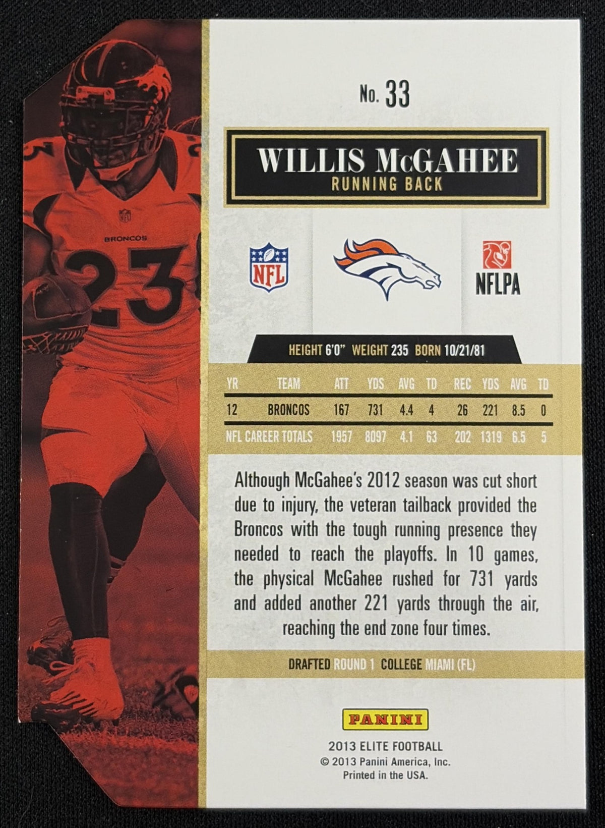 Willis McGahee 2013 Panini Elite Aspirations Die Cut /77 Broncos sports trading card back