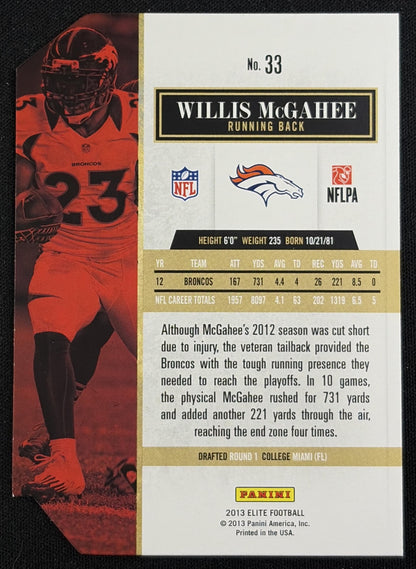 Willis McGahee 2013 Panini Elite Aspirations Die Cut /77 Broncos sports trading card back