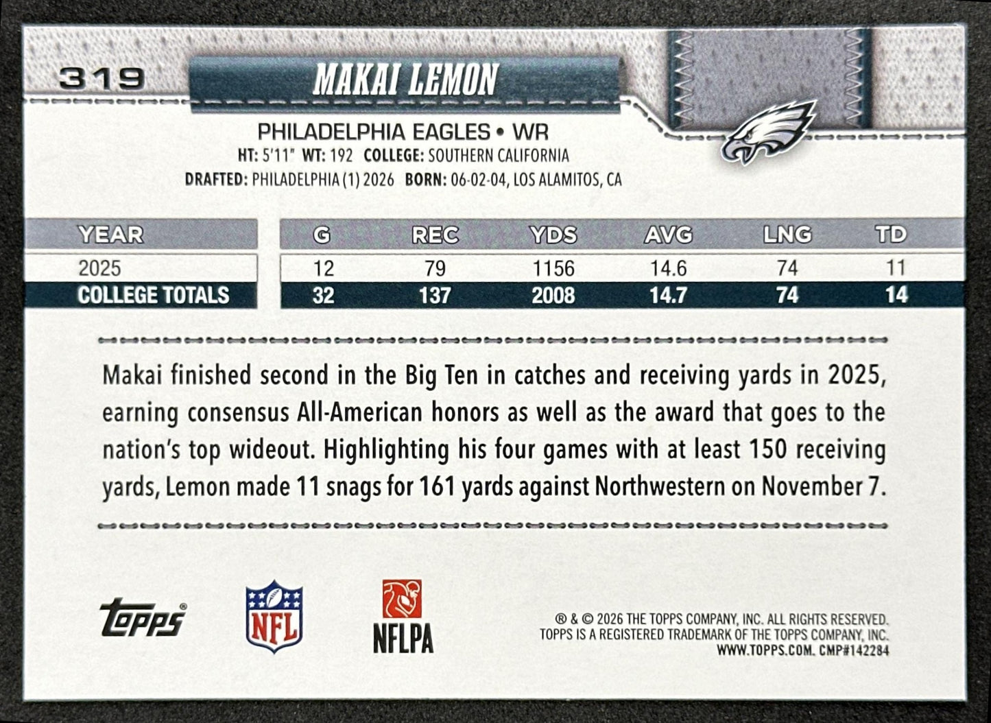 Makai Lemon 2026 Topps Flagship Rookie Eagles Sports Trading Card