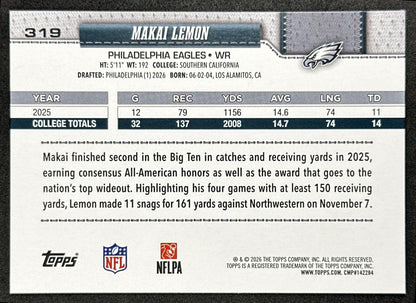 Makai Lemon 2026 Topps Flagship Rookie Eagles Sports Trading Card