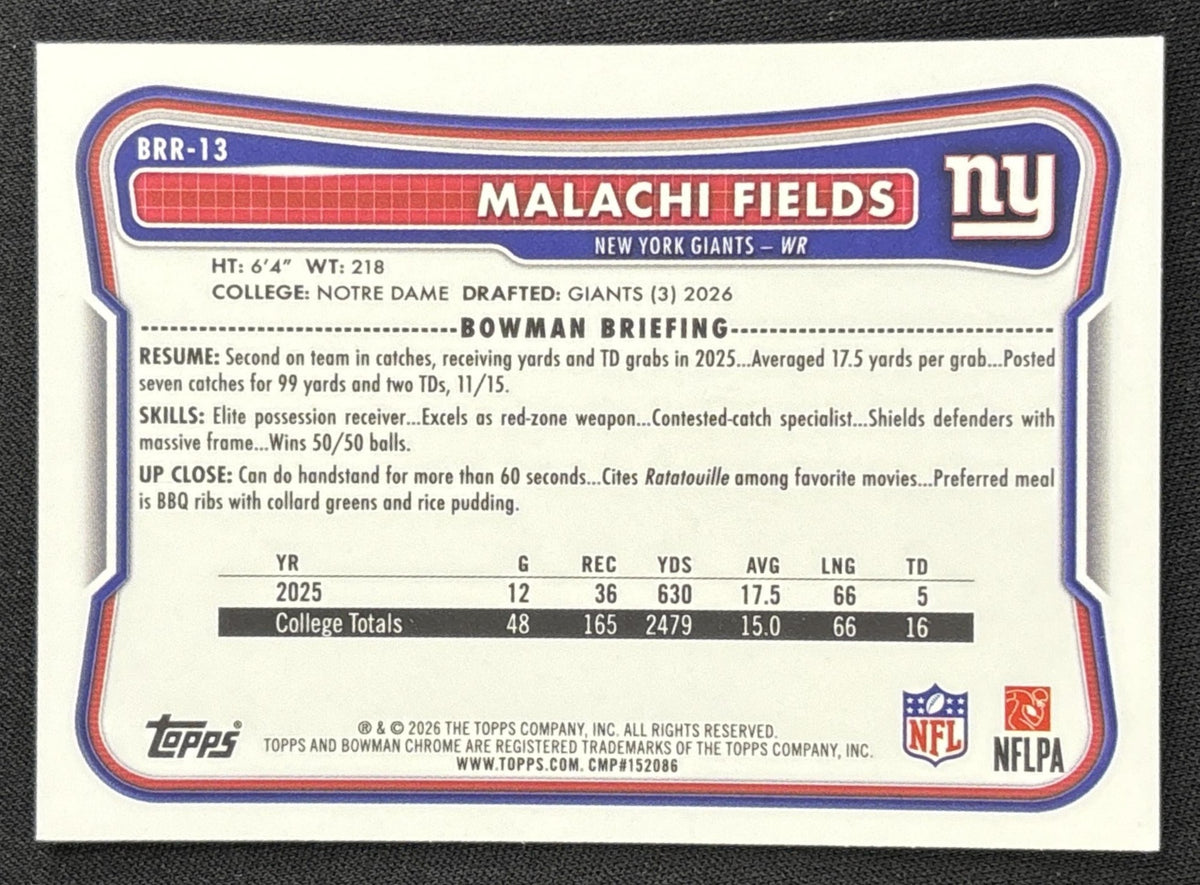 Malachi Fields 2026 Bowman Chrome Red RC Variation Giants Rookie Sports Trading Card
