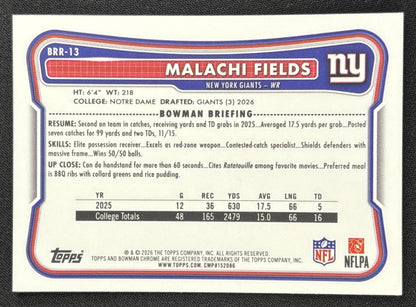 Malachi Fields 2026 Bowman Chrome Red RC Variation Giants Rookie Sports Trading Card