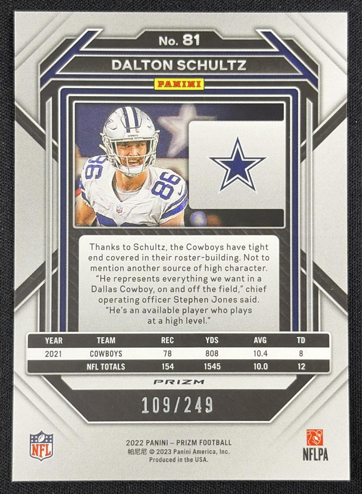 Dalton Schultz 2022 Panini Prizm Orange /249 Cowboys