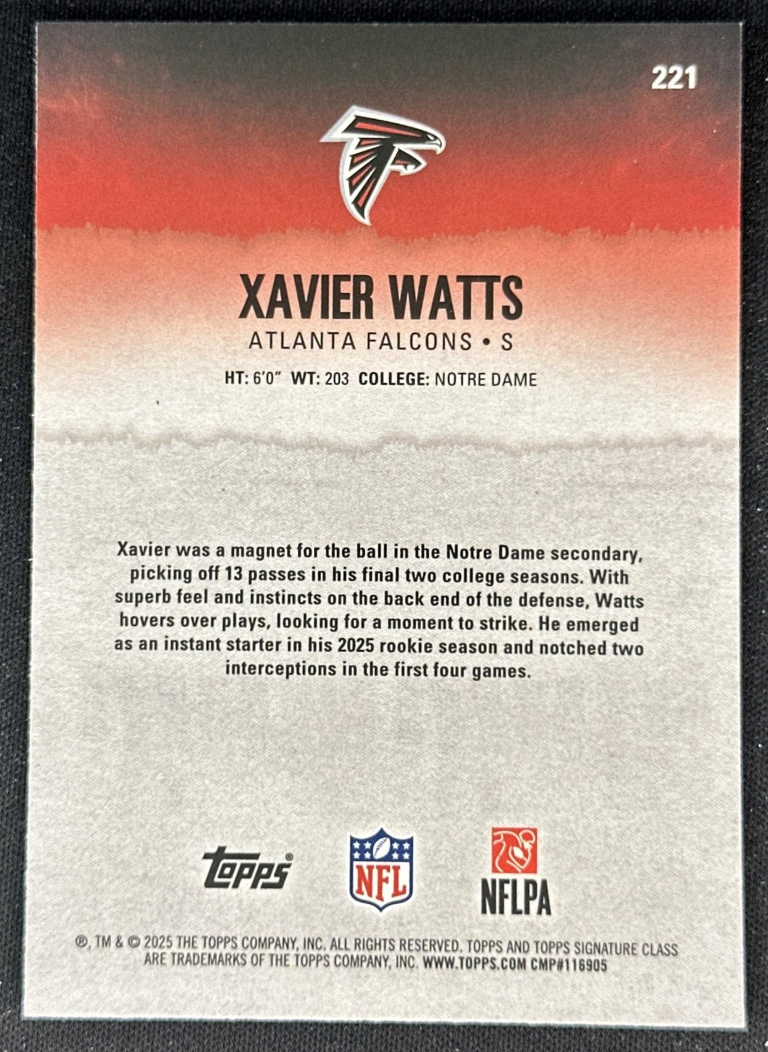 Xavier Watts 2025 Topps Signature Class Chrome Rookie Falcons back