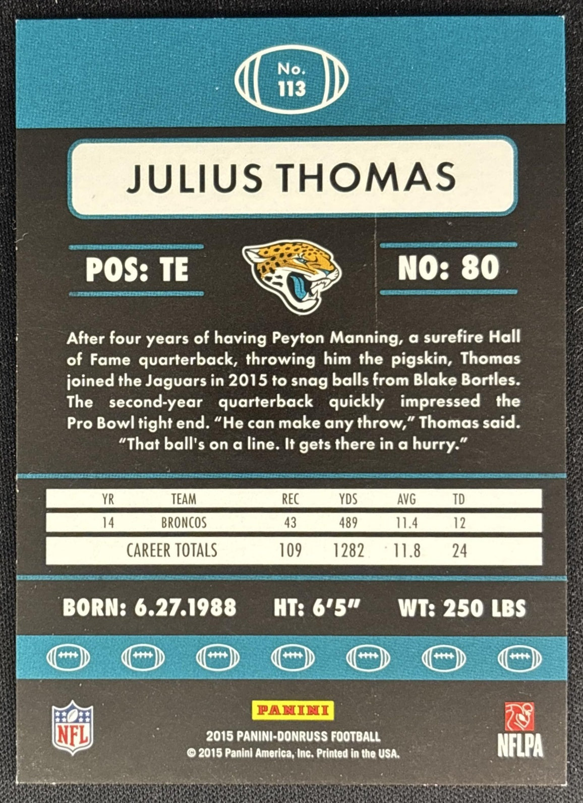 Julius Thomas 2015 Panini Donruss Press Proof Purple /199 Jaguars back