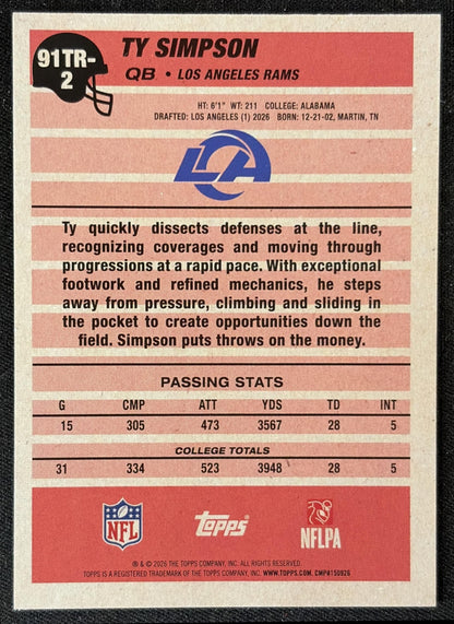 Ty Simpson 2026 Topps 1991 Rookie Rams back