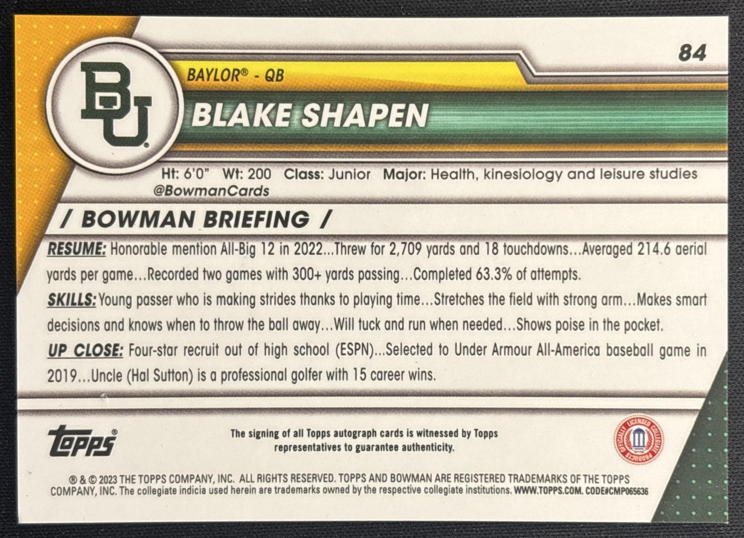 Blake Shapen 2023 Bowman University Chrome Prospect Auto 3 back