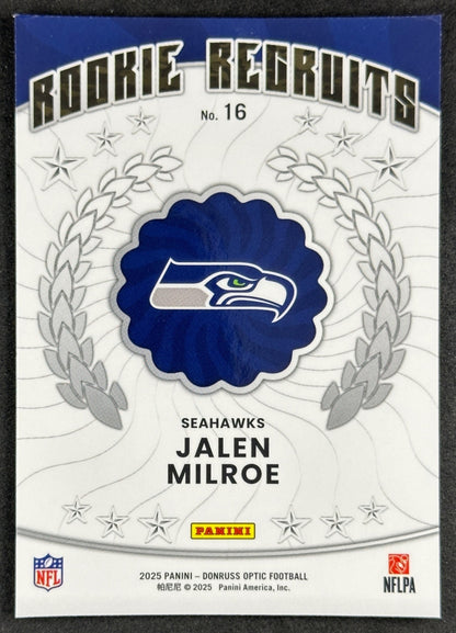 Jalen Milroe 2025 Donruss Optic Rookie Recruits Seahawks Sports Trading Card