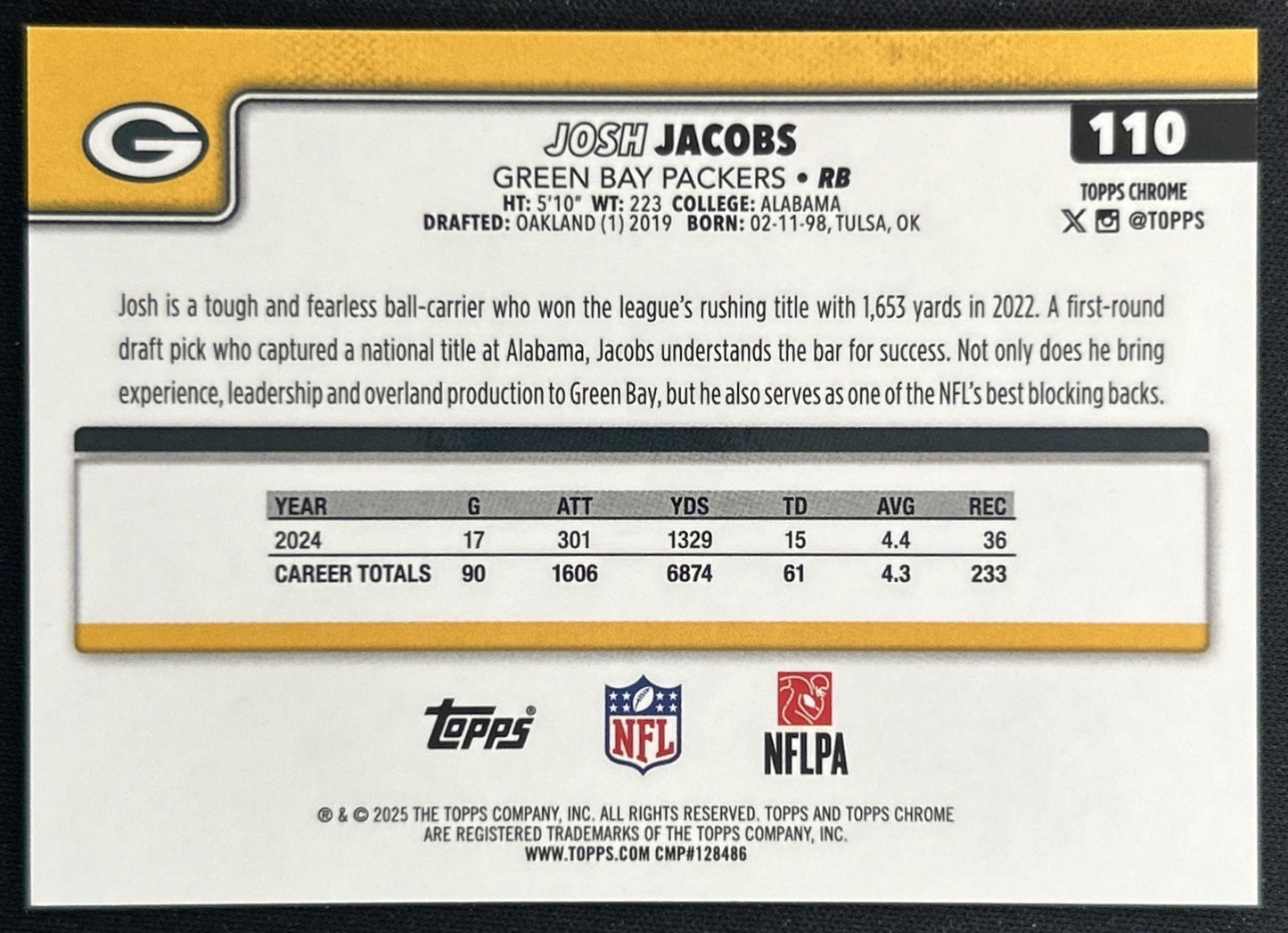 Josh Jacobs 2025 Chrome Sapphire Image Variation Gold Refractor /50 Packers back