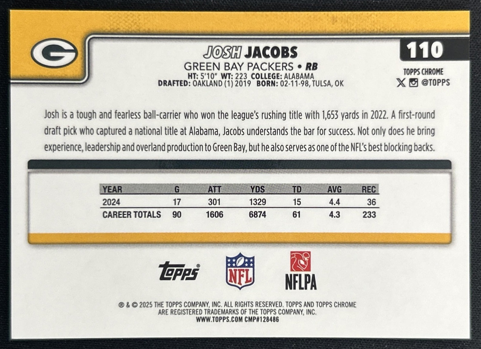 Josh Jacobs 2025 Chrome Sapphire Image Variation Gold Refractor /50 Packers back