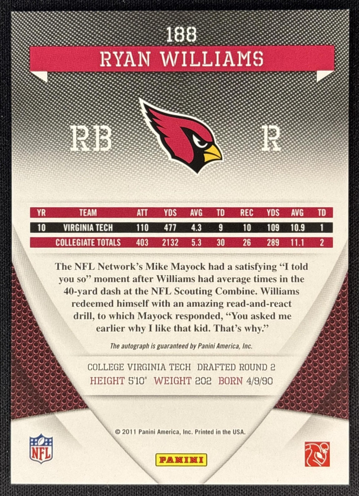 Ryan Williams 2011 Panini Donruss Elite Turn of the Century Auto /299 Cardinals back