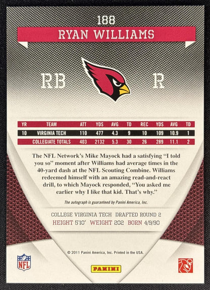 Ryan Williams 2011 Panini Donruss Elite Turn of the Century Auto /299 Cardinals back