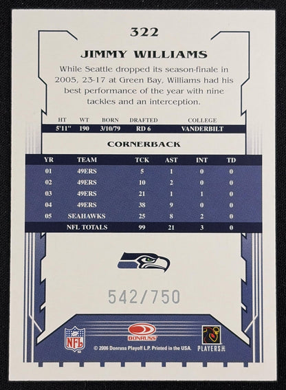 Jimmy Williams 2006 Score Scorecard /750 Seahawks Sports Trading Card