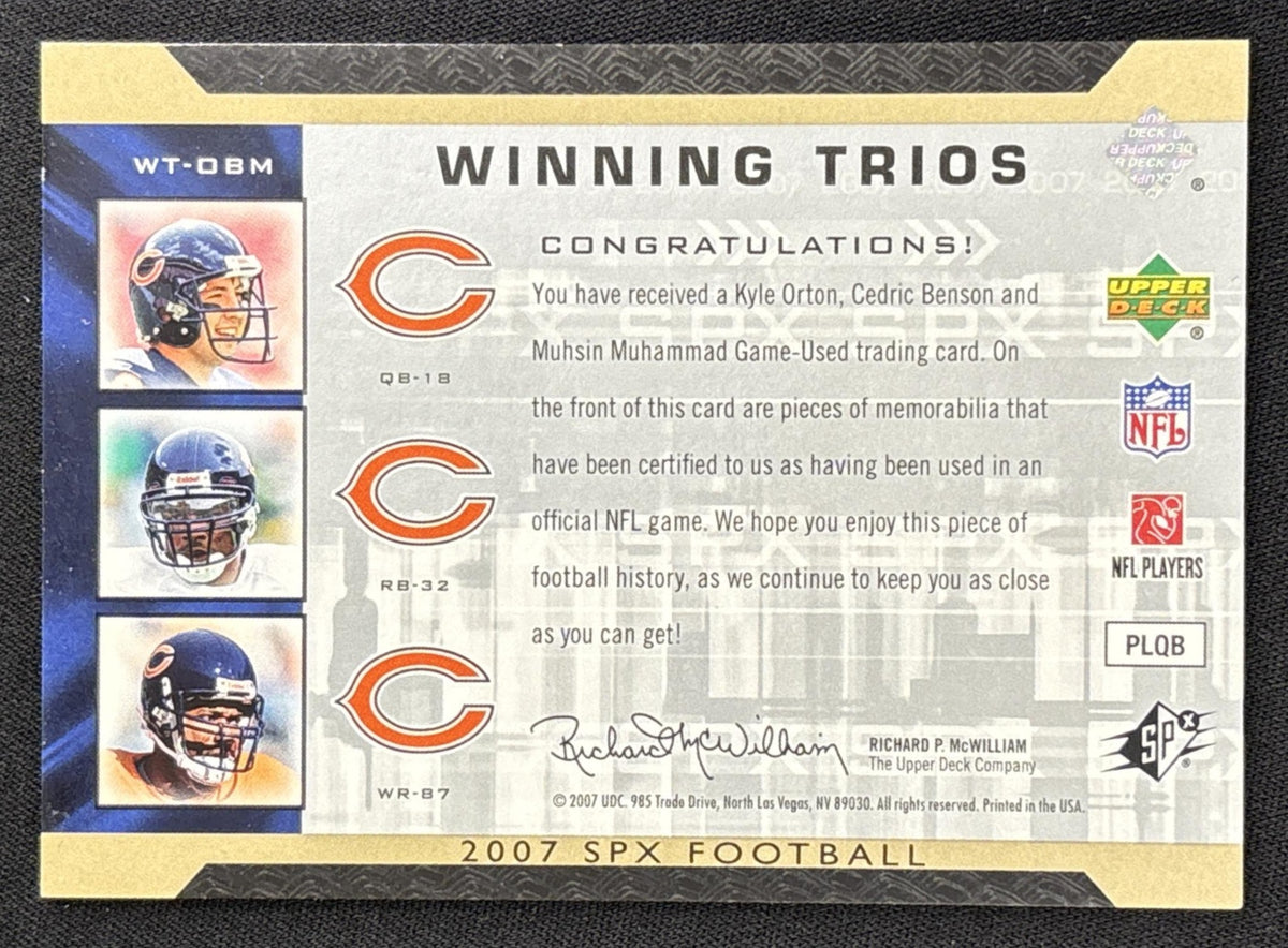 Kyle Orton Cedric Benson Muhsin Muhammad 2007 SPx Winning Trios Jerseys Bears