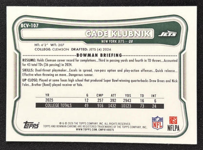 Cade Klubnik 2026 Bowman Chrome NFL Speckle Refractor Jets